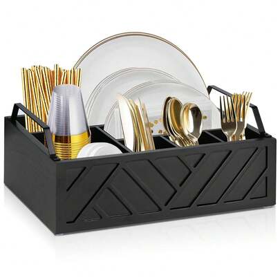 Paper Plate Dispenser, Paper Plate Holder For Kitchen Counter, Wood Rustic Silverware Utensil Caddy, Cutlery Flatware Organizer Box For Cups Spoons Forks Plates Napkins, Kitchen Accessories