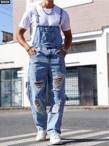 Four Seasons  Men's Denim Overalls, Loose Straight-Leg Fit, American Vintage Multi-Pocket Workwear-Style Casual Pants, Overalls With Distressed Design, Versatile Casual Wear Suitable For Any Occasion, Laid-Back And Minimalist Men's Jeans - Light Blue - View 2