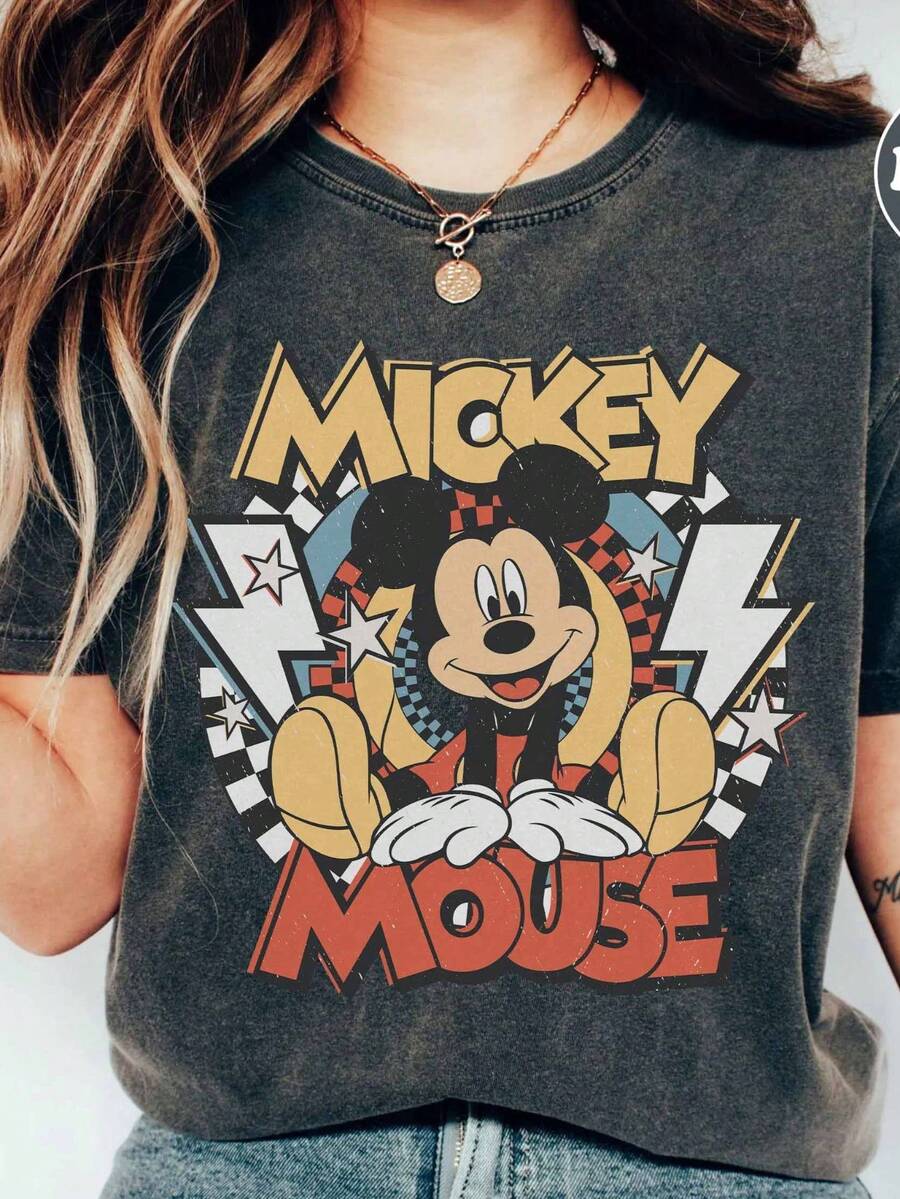 Disney Ladies' T-Shirts, Comfortable Color Retro Mickey Mouse Shirts, Disney Mickey Mouse 1928 T-Shirts, Retro Mickey Mouse Shirts, Disney Travel Shirts, Checkered Mickey Mouse Shirts, Unisex, Special For Gifts. - màu đen - Xem 1