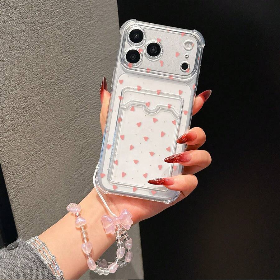 Transparent Card Slot Heart Design Phone Case With Lanyard, Compatible With IPhone, Galaxy, Honor, And Other Models, Transparent Wallet-Style Silicone Back Cover, Shock-Proof, Waterproof, Anti-Fall, Anti-Scratch - Multicolor - View 1