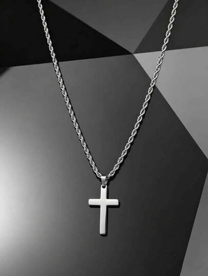 1 pieza Nuevo collar con colgante de cruz de acero inoxidable para hombres, cadena trenzada, adecuado para uso diario y como regalo