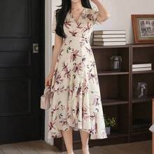 Women's Elegant V-Neck Floral Puff Sleeve Ruffle Hem Mid-Length Dress, Summer Sundress Easter - Rosa - Ver 7