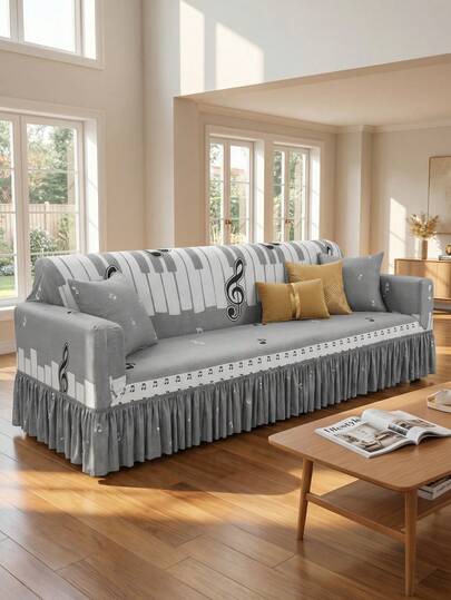 Skirt-Style Piano Note Print Sofa Covers For 3 Cushion Couch. Elastic Full-Cover Sofa Cover. Polyester Fiber. Suitable For All Seasons. Simple And Modern