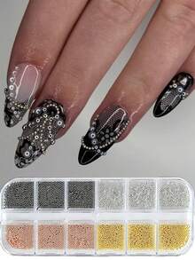 12Grids Mixed Gold, Silver, Black, Rose Gold Stainless Steel Metal Bead Nail Art Charms Mini Micro Caviar Balls,Perfect For French Nails, Press On Nails & 3D Nail Art Decorations - Multicolor - View 9