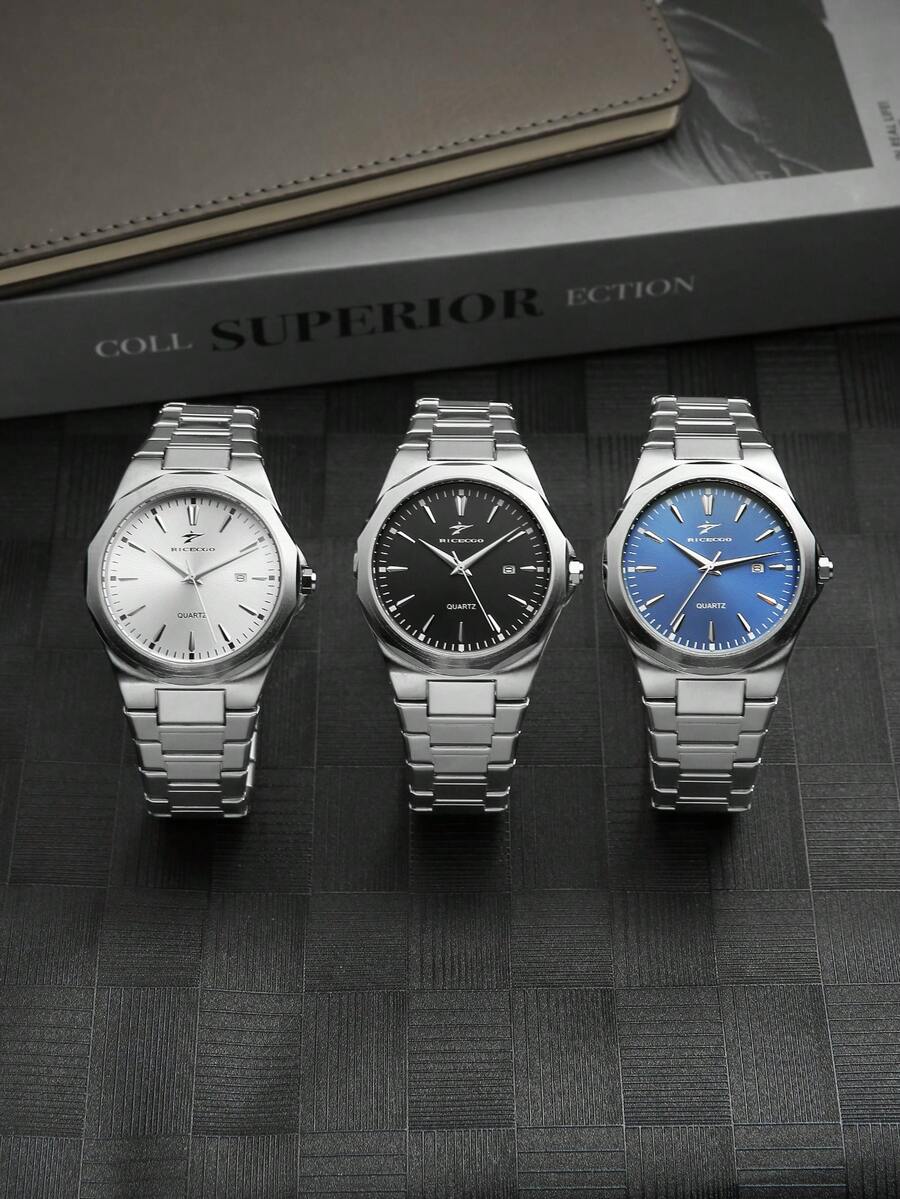 1pc Men's Quartz Watch, Octagonal Case Design, Full Steel Material Suitable For Commute And Daily Wear, Showcasing Understated Elegance - Silver - View 1