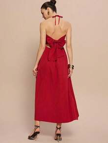 Vestido línea A con escote halter, cordones y espalda descubierta - Rojo - Ver 4