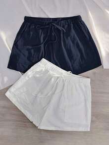 2 Paquetes de Pantalones cortos con cintura elástica sólida, cintura con lazo y bolsillos en diagonal - Azul marino - Ver 10