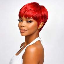 Short Pixie Cut Brazilian Remy Human Hair For Women Red Color Full Machine Made Straight Style With Bangs 4 Inch 150% Density Basic No Lace Wig For Daily Wear - SRed - View 13