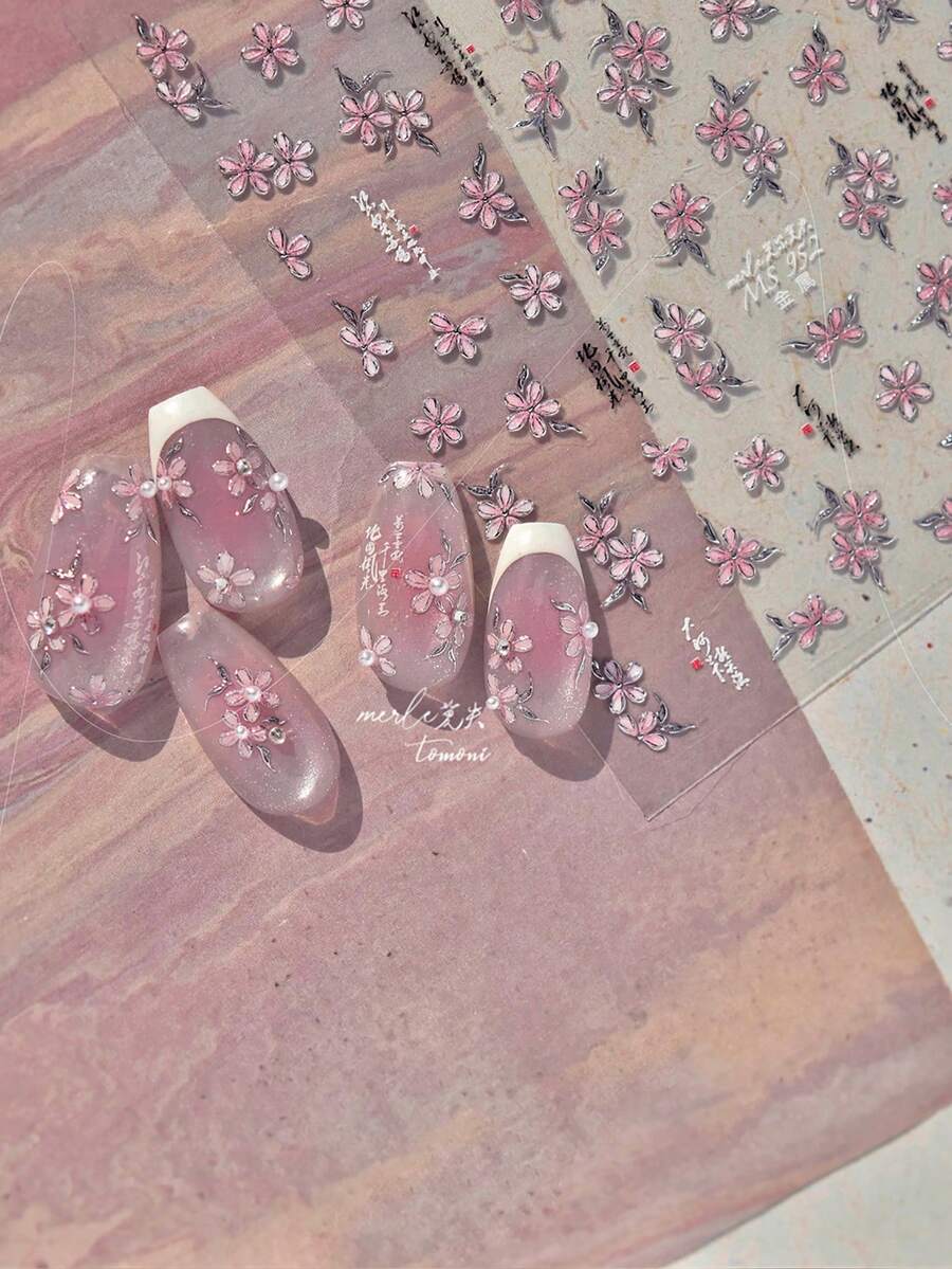 1 Sheet Japanese Style 5D Sakura Nail Stickers Small Flower With Pearl Accent French Manicure Metallic Trim Pink Cherry Blossom Nail Decals For DIY Nail Art - Multicolor - View 1