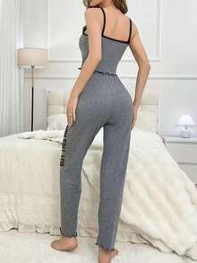 Letter Print Ruffle Hem Spaghetti Strap Cami Top & Wide Leg Pants 2 Pieces Loungewear Pajama Set - Light Grey - View 2