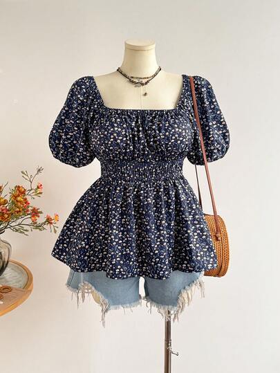 Rusttydustty Plus Size Women Bohemian Vacation & Everyday Navy Blue Ditsy Floral Short Sleeve Top