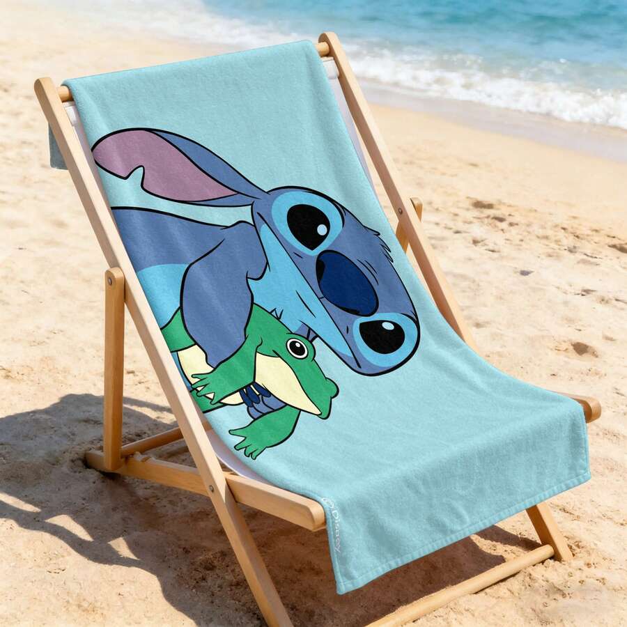 Disney Lilo & Stitch Beach Towel - Oversized Stitch With Frog Print Beach Towel ,For Pool & Beach - A - View 1
