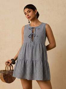 Vestido corto sin mangas de algodón negro con lazo frontal versátil y casual de talla grande - Multicolor 5 - Ver 5