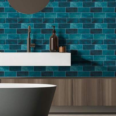10 pièces Carreaux muraux 3D style brique vintage bleu cristal, style art rétro de luxe, motif de carreaux métro couleur crème unie, style nordique minimaliste, en PVC, facile à installer avec un revêtement adhésif, imperméable, résistant à l'huile et à la saleté, amovible et nettoyable, convient pour la salle de bain, la cuisine, la buanderie, le bar, le camping-car, la rénovation de la décoration de la maison, taille : 30 x 30 cm
