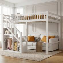 Caluself 140 X 200 Cm, Bunk Bed, Double Bed With Star-Patterned Mesh, Made Of Solid Wood, With Safety Ladder And Storage Space, With Slatted Base, White, Without Mattress - White - View 4