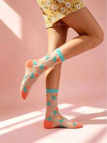 5 Pairs Glass Fiber Crystal Socks, Thin Transparent Floral Mesh Stockings, Soft & Comfortable - Multicolor - View 2