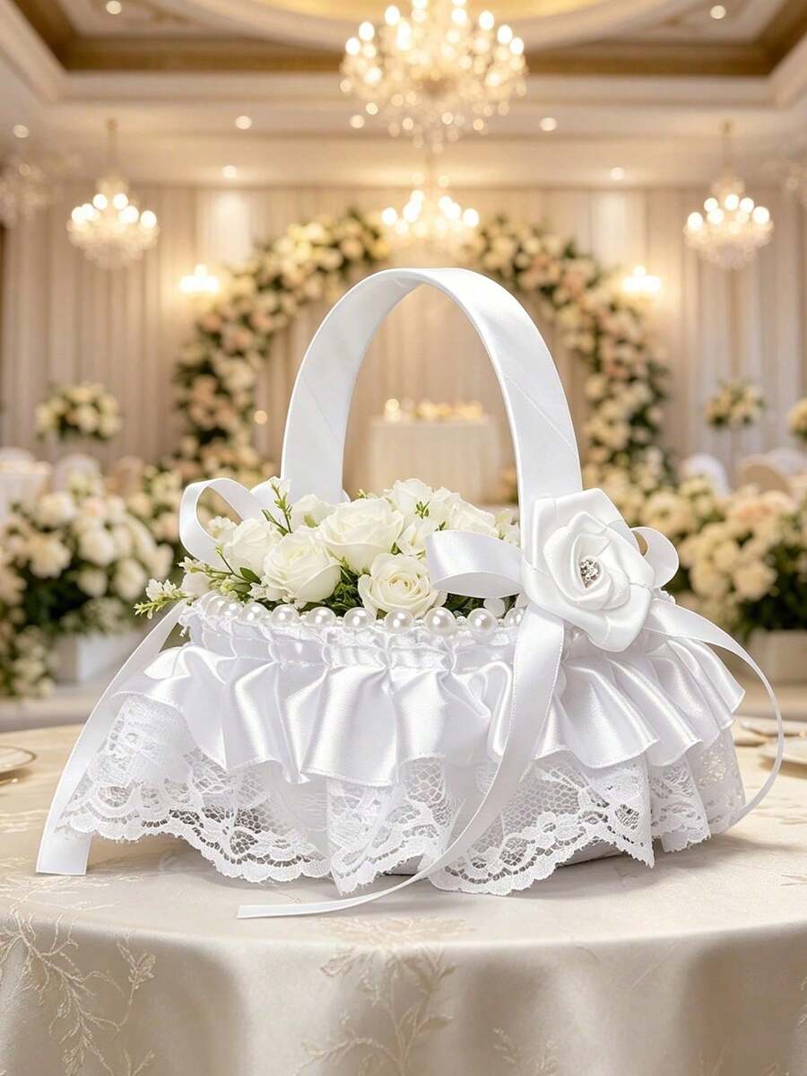 1 chiếc giỏ hoa cho bé gái bằng ren satin trắng, đính đá và ngọc trai - Phụ kiện trang nhã cho lễ cưới. - trắng - Xem 1