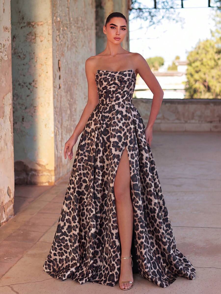 Women's Leopard Print Off-Shoulder Dress, High Slit, Suitable For Formal Banquets, Luxury Balls, VIP Parties - Brown - View 1