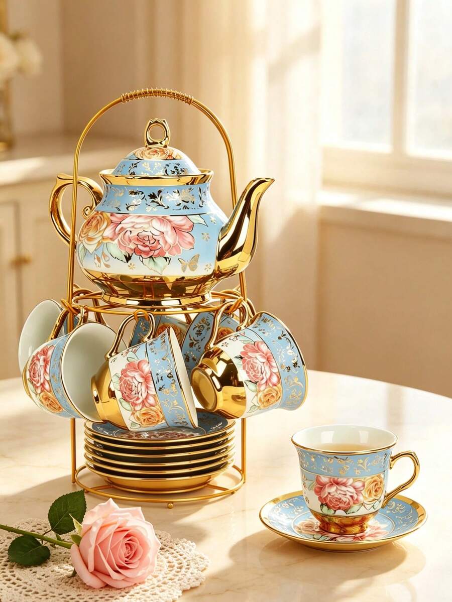 20-Piece European Porcelain Tea Set With Metal Stand & Blue Floral Painting – Elegant Tea Service Gift For Adults, Ideal For Spring Outing, Easter Party, Home Decor & Special Occasions (Large, Classic Gold) - Màu xanh nhạt - Xem 1