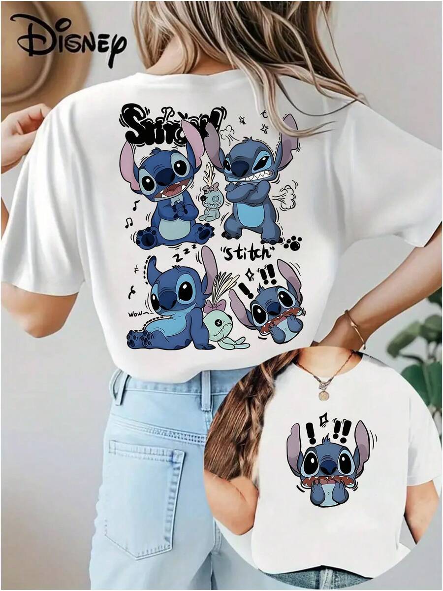 Disney Women's T-Shirt Stitch Print, Soft And Skin Friendly Elastic Casual Short Sleeved Top, Fashionable Short Sleeved Round Neck T-Shirt, Women's Clothing - 白色 - 查看 1