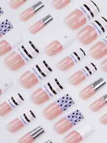 24Pcs Silver French Tip Press On Nails Medium Square - Nude Base Fake Nails With Metallic French Edge, Polka Dot & Striped Design, Glossy Acrylic Stick On Nails For Women - Multicolor - View 4