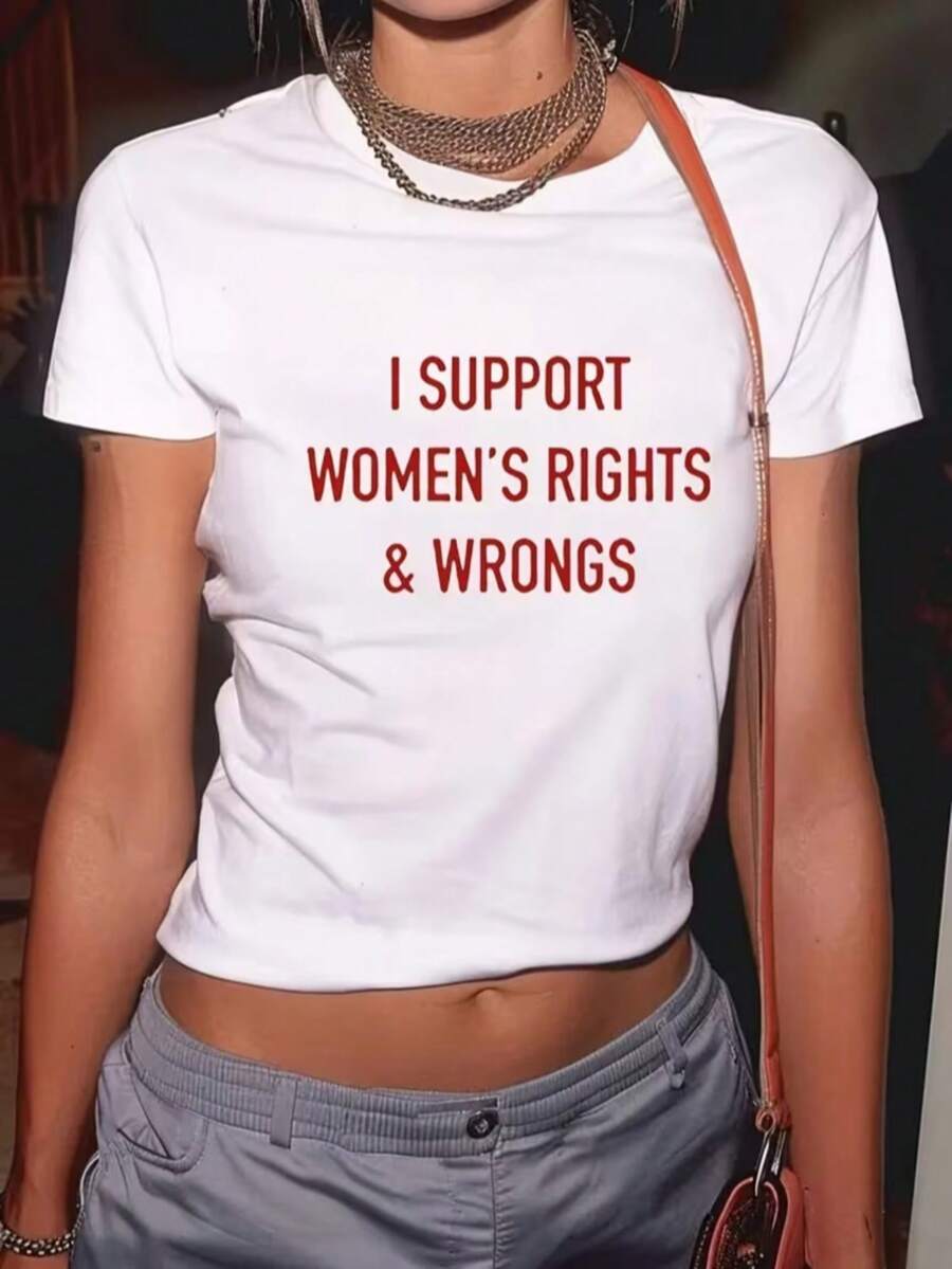 Women's White Crop Top, "I Support Women's Rights & Wrongs" Slogan Tee, Graphic Short-Sleeve Shirt, Summer Tops & Clothes, Casual Everyday Wear, Statement Style, Machine Washable, Long-Lasting Material - 白色 - 查看 1