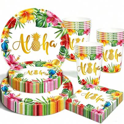 10Ppcs/20pcs/50pcs/80pcs, Tropical Luau Party Supplies Set - Aloha Floral Paper Plates, Cups, And Napkins - Summer Beach Theme Tableware Decor With Hibiscus, Pineapple & Parrot,Disposable Napkins Printed With Tropical Flowers Pineapples And Parrots, And 9oz Paper Cups For Summer Beach Parties, Hawaiian-Themed Birthday Parties, Barbecues, And Pool Parties