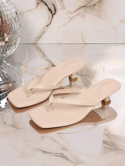 1 Pair Beige Plus Size Teenager/Student High Heel Thong Sandals, Solid Color Soft PU Upper + Flip-Flop Strap Design, Classic Square Toe Open Toe Wedge Heel Sandals, Suitable For Teenage Girls/College Students Daily Casual, Party, School, Commute, Vacation, Spring/Summer 2026