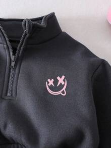 2pcs Baby Girl Cartoon Print Solid Color Sweatshirt And Pants Set, Minimalist Design, Comfortable For Spring, Autumn And Winter - Dark Grey - View 3