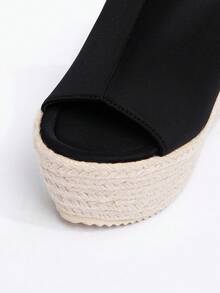 Giày sandal đế xuồng dệt kiểu retro dành cho nữ, đế dày, quai chéo, kiểu espadrille, thích hợp cho mùa xuân, kỳ nghỉ, phong cách boho, giày cao gót gợi cảm cho hộp đêm. - màu đen - Xem 8