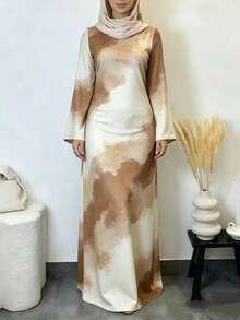 Đầm dài kiểu Ả Rập dành cho nữ, chất liệu vải dệt kim, họa tiết trừu tượng, cổ tròn, tay chuông thời trang. - Màu Khaki - Xem 2