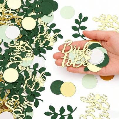 Bộ 100 tờ giấy kim tuyến xanh lá cây và vàng dùng để trang trí đám cưới, hình lá và dòng chữ "Bride To Be", tông màu tươi tắn cổ điển theo phong cách Mori, thích hợp để tung cô dâu trong đám cưới, trang trí địa điểm tổ chức, tiệc độc thân, rải trên bàn tiệc đính hôn.