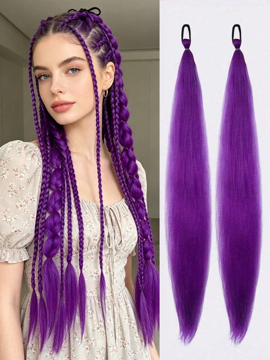28 Inch Purple Braided Wig With Elastic Band, Women's Hair Extensions, Ombre Purple Braided Ponytail, Synthetic Material
