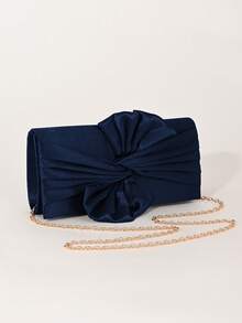 REMANLAND Tas Clutch Satin Wanita dengan Dekorasi Pita, Tas Tangan untuk Pesta Pernikahan, Hadiah Kreatif - Navy Blue - View 5