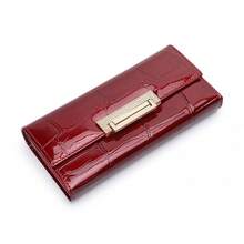 Long Genuine Leather Wallet Women, Patent Leather With Stone Pattern And Clasp Clutch Bag - Black - View 5