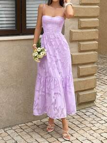 Đầm midi nữ màu tím hoa văn jacquard thanh lịch, thắt eo, dây mảnh, lưng bèo nhún, thích hợp dự tiệc cưới và các buổi tiệc mùa hè. - Màu tím - Xem 8