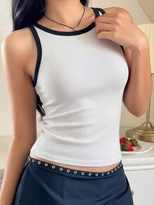 1pc All-Match Casual Comfortable Colorblock Ribbed Tank Top, Slim Fit Round Neck Sleeveless Undershirt, Versatile For Daily Wear All Seasons - White - View 4