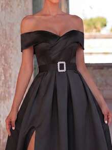 Faeriesty Women's Elegant Fitted Open Shoulder Satin Maxi Dress - Detachable Rhinestone Belt And Thigh-High Slit | Suitable For Formal Galas, Weddings And Special Occasions Spring Black Party - Black - View 3