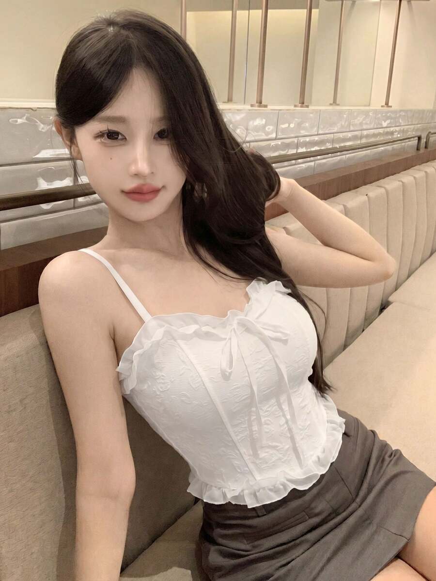 Áo hai dây viền ren, áo khoác ngoài thanh lịch cho nữ, áo tank top ngắn gợi cảm chất liệu jacquard có đệm ngực, phong cách thường ngày mùa hè. - trắng - Xem 1