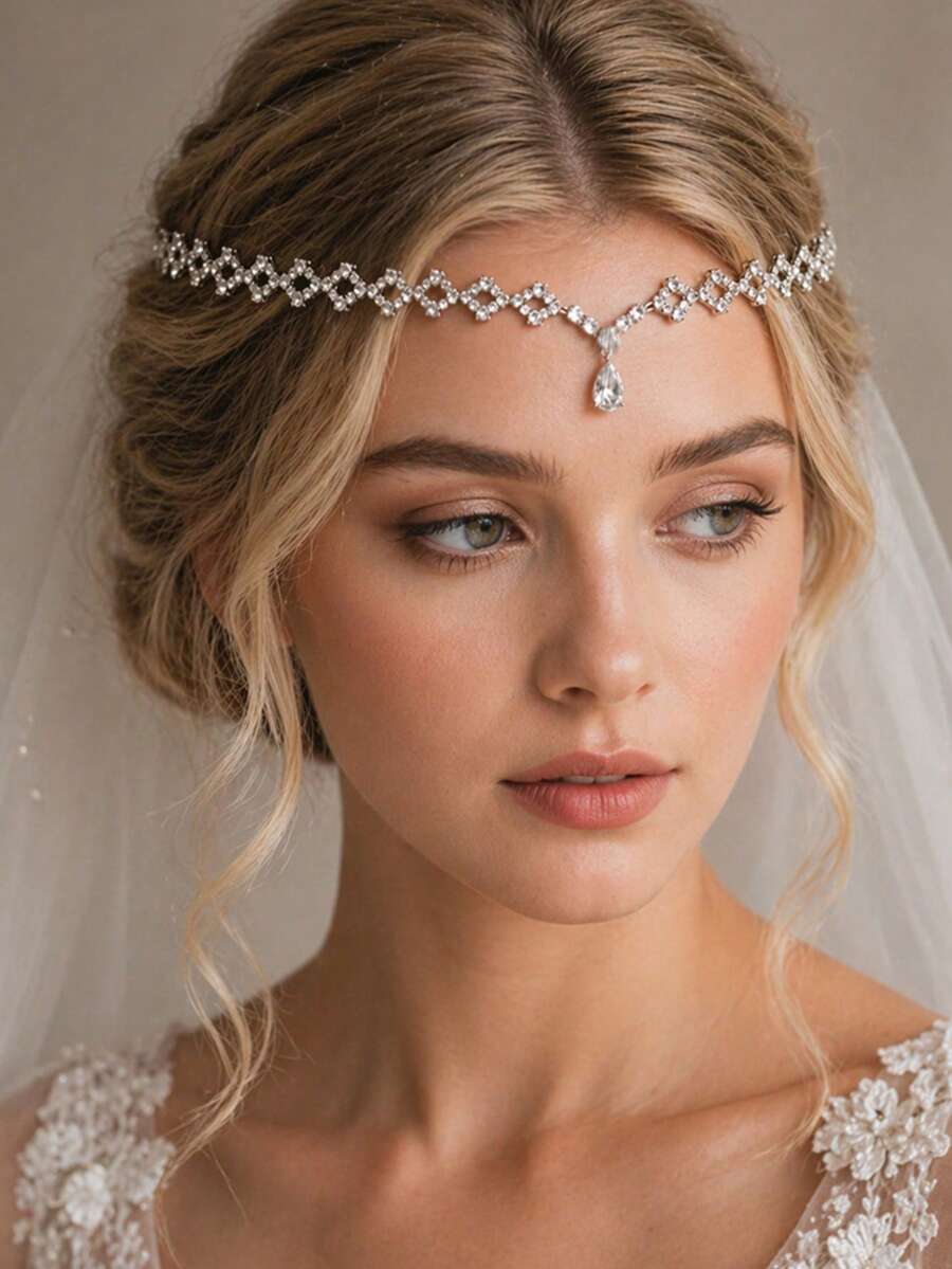 1pc New Teardrop Forehead Chain, Niche Design Luxury Crystal Hair Chain, Elegant Bridal Headpiece, Fashion Evening Dress Hair Accessory - Silver - View 1