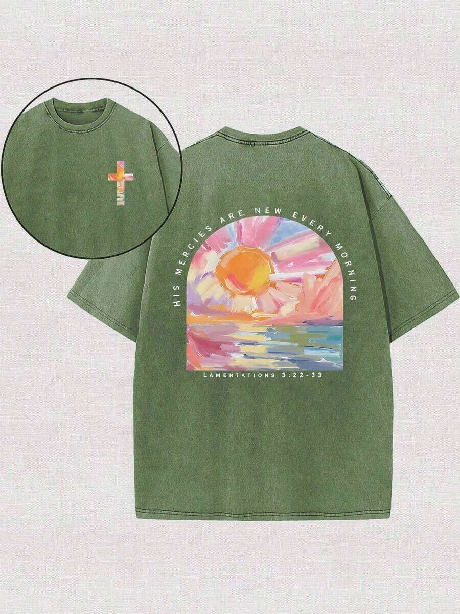 Tops230g Washed, A Beautiful Day Starts From The Morning Sun Printed T-Shirt, High-Quality Wax Printed Cotton Retro Fashion Brand T-Shirt, Beach Essen - 軍綠色 - 查看 1