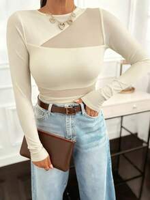 Camiseta de Manga Larga para Mujer, Color Beige, con Panel Transparente, Cuello Redondo, Corte Ajustado, Elegante y Chic para Primavera/Verano, Ideal para el Día a Día, Citas o Uso Casual - Albaricoque - Ver 3