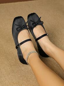 2025 New Autumn Satin Mary Jane Flat Shoes For Women With Bow Tie, Black - Black - View 6