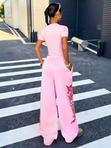 Conjunto de dos piezas básico  2026: camiseta corta ajustada manga corta + pantalón ancho holgado negro, ideal para verano y uso diario casual - Rosa 4 - Ver 2