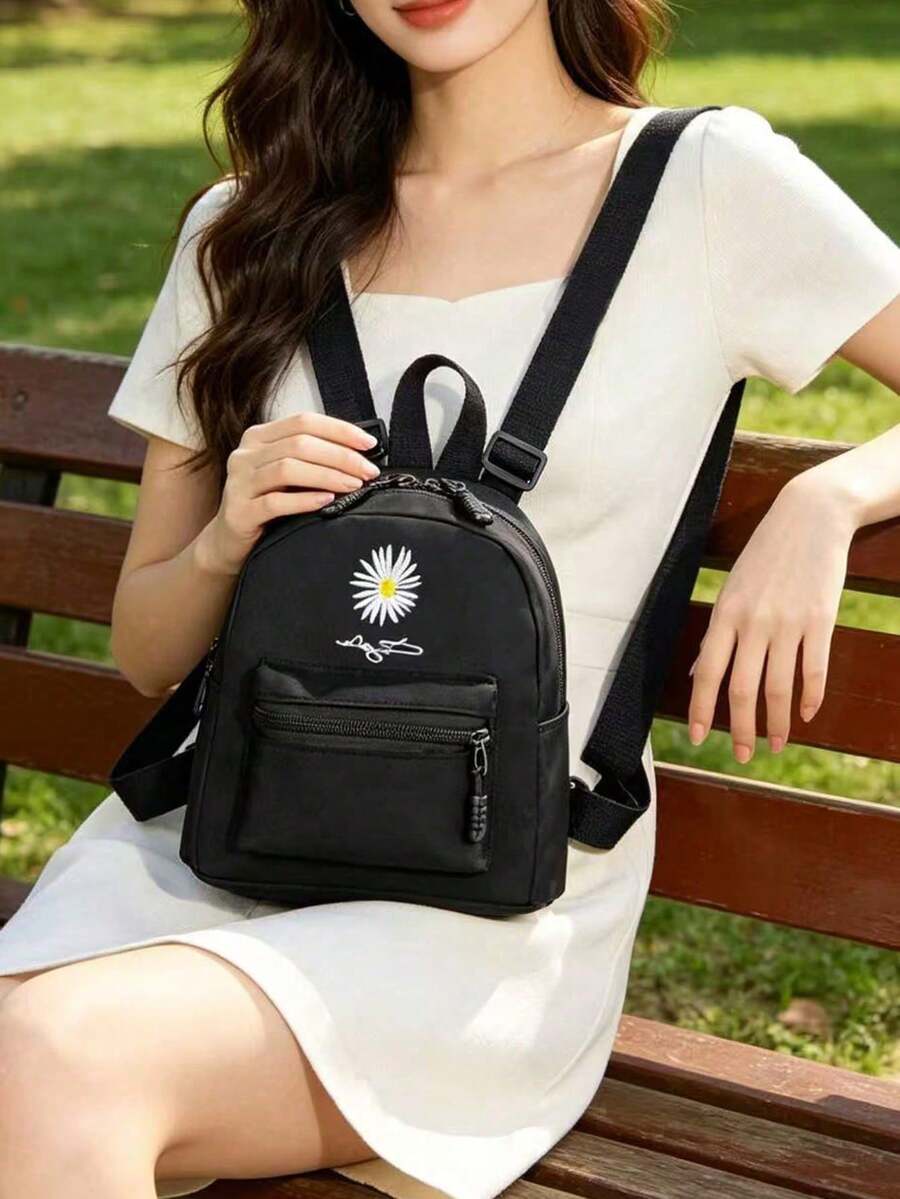 女士迷你背包，时尚轻便户外旅行背包，日式印花小背包，百搭经典背包 - 黑色 - 查看 1