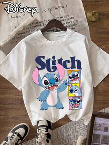 Disney Women's T-Shirt  Lilo & Stitch Stitch Pattern Letter Print Women's T-Shirt, Casual Crew Neck Short Sleeve Tee, Suitable For Daily Wear - 白色 - 查看 6