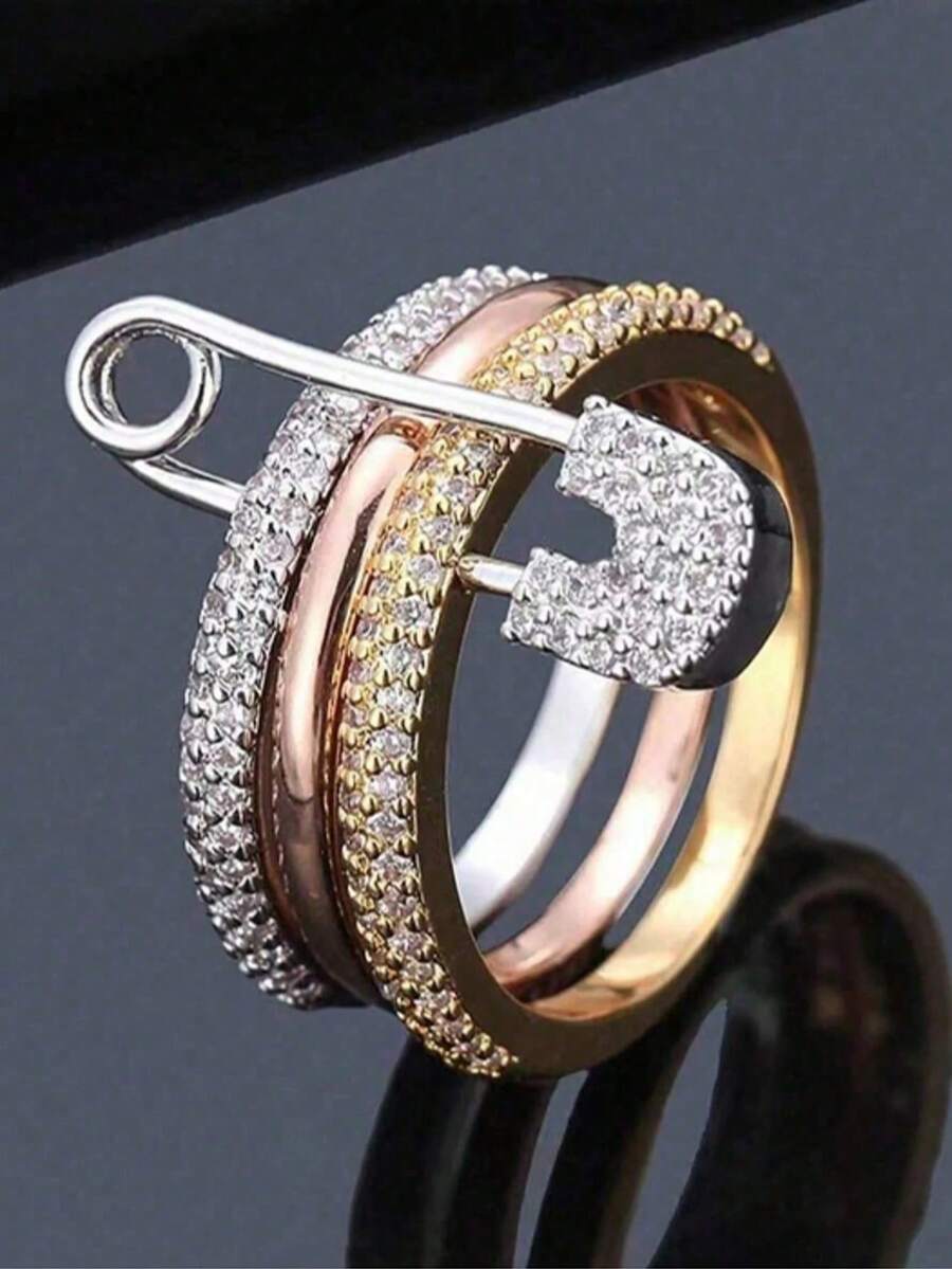 Unique Three-Ring Design Square Cubic Zirconia Decor Women's Ring - Multicolor - View 1