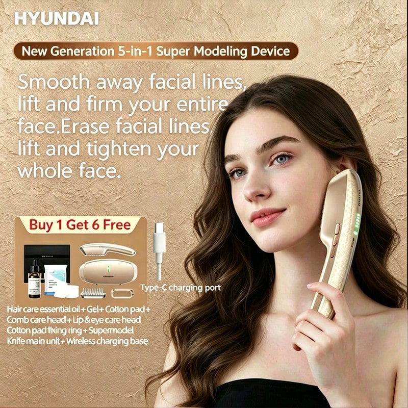 HYUNDAI HD-2452-1GD All-In-One Top-Spec Rechargeable Beauty Device, Lifting & Firming V-Face + Anti-Aging Wrinkle Reduction, Lip Enhancing, Eye Brightening, Hair Health & Body Shaping, Home Facial Massager - Supermodel Knife - View 1