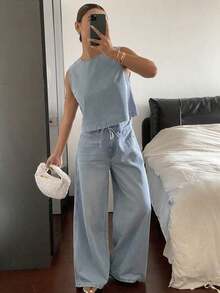 Conjunto denim estilo casual: top corto sin mangas + pantalones vaqueros holgados, estilo versátil y juvenil para diario - Azul 3 - Ver 10