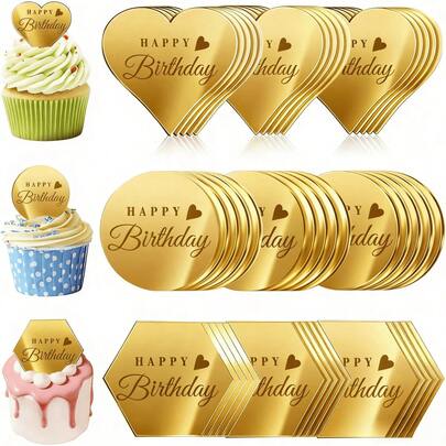 Decoraciones para cupcakes en forma de espejo acrílico, 3 formas, adecuadas para fiestas de cumpleaños, celebraciones de aniversario y decoración de postres